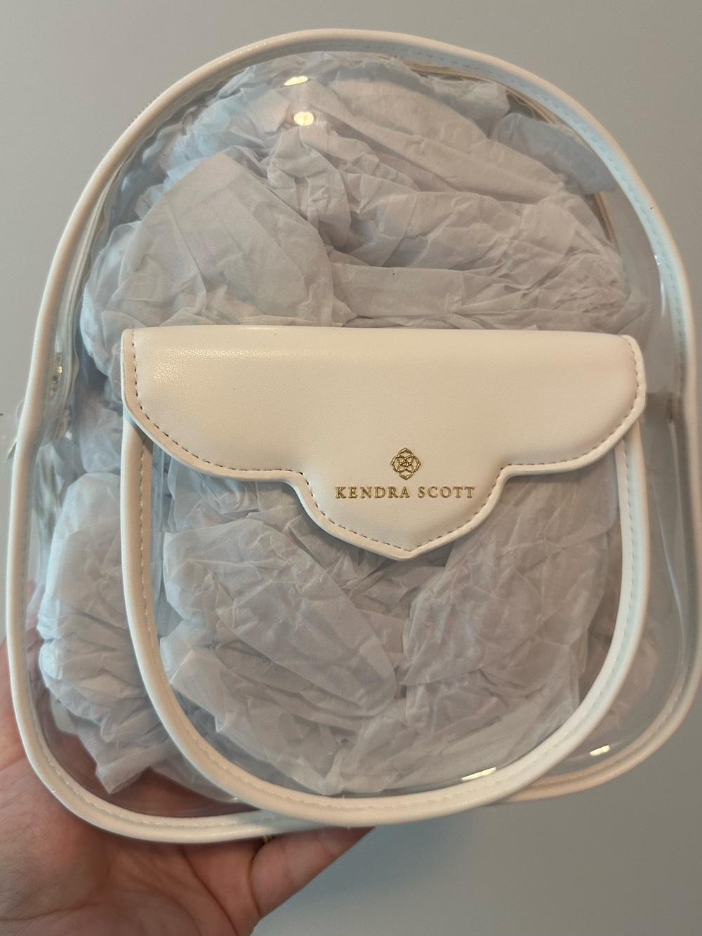 Kendra Scott Clear Mini Backpack with White and gold Trim and Pouch NWT